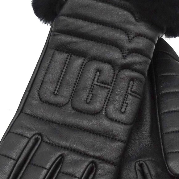 UGG Logo Quilted Leather & Genuine Shearling Gloves Size M - Picture 3 of 8